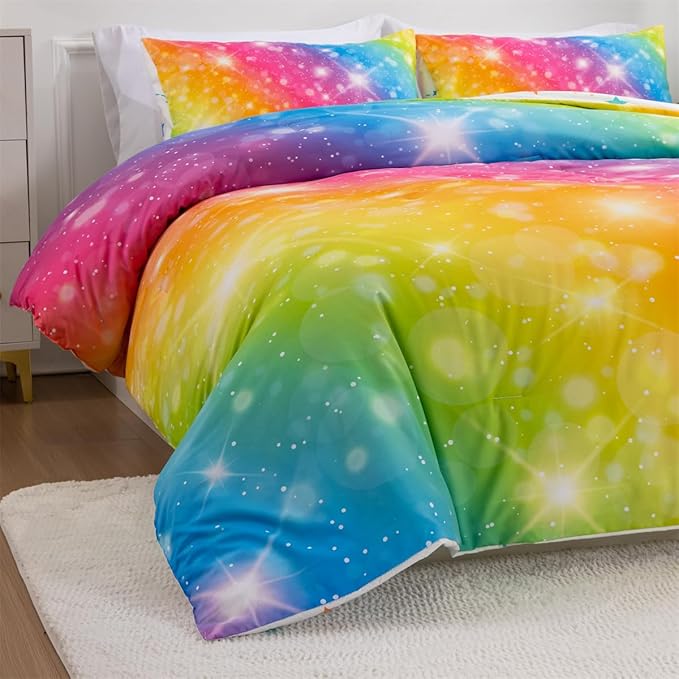 Holawakaka Girls Ombre Glitter Comforter Set, Twin Size Gradient Rainbow Galaxy Print Kids Bedding Sets, Multi-Color Ultra-Soft Dorm Bed Set (Multi-color,Twin) - LeafyLoom