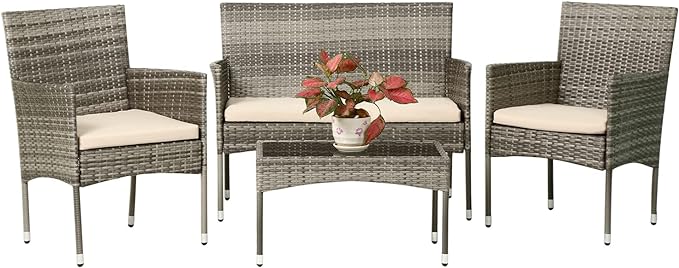 FDW Patio Conversation Set 4 Pieces Patio Furniture Set Wicker with Rattan Chair Loveseats Coffee Table for Outdoor Indoor Garden Backyard Porch Poolside Balcony,Gray Wicker/Khaki Cushions - LeafyLoom