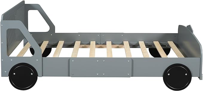 Full Size Car-Shaped Bed Frame for Kids,Wooden Platform Bed with Wheels and Side Rails for for Boys Girls,Wood Slat Supports,No Box Spring Needed,Gray - LeafyLoom