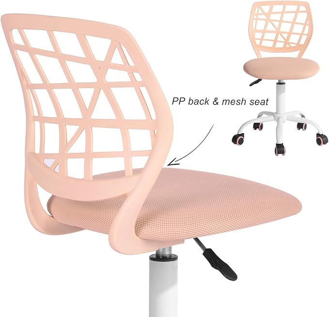 FurnitureR Desk Chair Armless Home Office Task Chair with Mesh Padded Cushion Swivel Study Chair with Rolling Wheels for Teens Child Kids Girls，Pink Plica - LeafyLoom