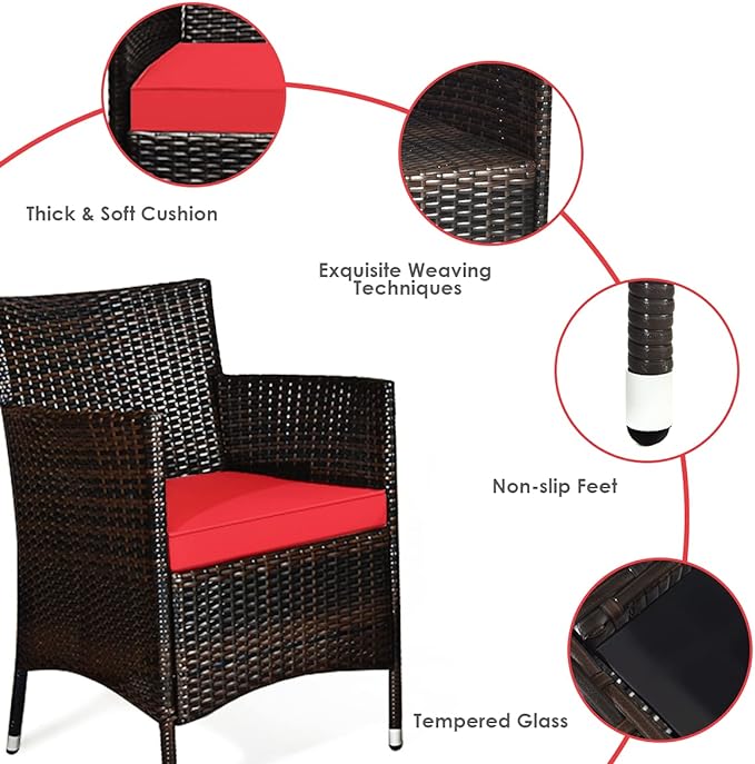 Goplus 4-Piece Rattan Patio Set, Outdoor/Indoor Wicker Conversation Set for Pool, Backyard, Lawn, Wicker Chairs and Sofa with Soft Cushion, Rattan Furniture with Tempered Glass Coffee Table - LeafyLoom