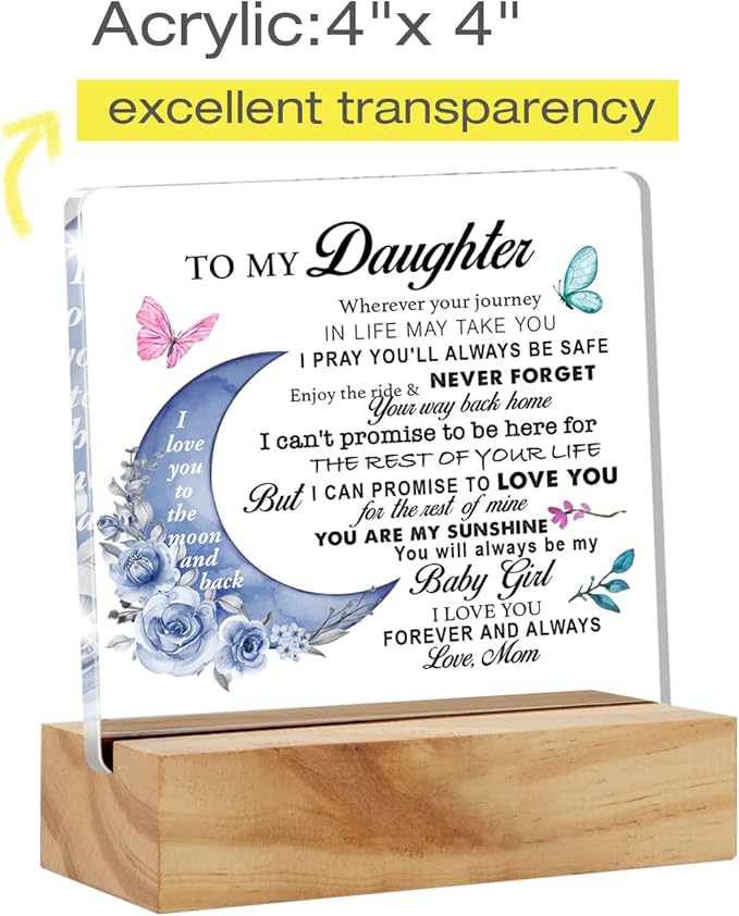 Daughter Gift From Mom, to My Daughter Wherever Your Journey in Life Desk Decor Moon Acrylic Desk Plaque Sign with Wood Stand Home Office Table Desk Sign Keepsake - LeafyLoom