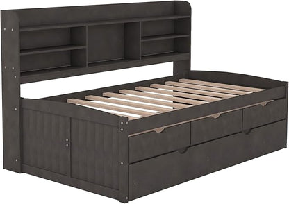 Twin Size Captain Bed with 3 Storage Drawers and Trundle, Wood Twin Bed Frame with Built-in Bookshelves for Kids Teens Adults, Antique Gray - LeafyLoom