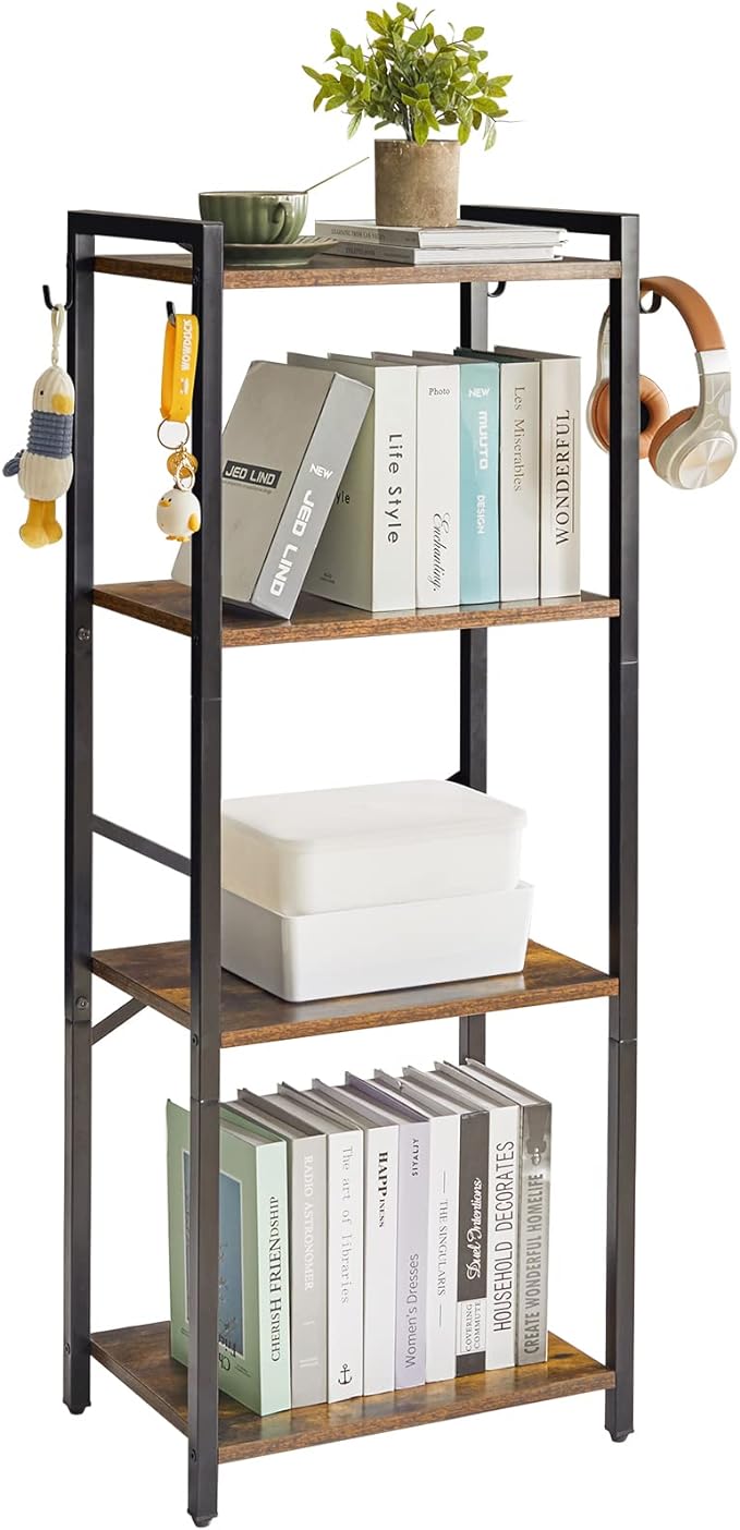 YMYNY Bookcase, 4-Tier Narrow Ladder Bookshelf, Freestanding Shelving Unit, Multifunctional Storage Rack, for Home Office Living Room Bedroom Kitchen, Plant Stand, Rustic Brown, 44*16.9*11.4"UHBC004H - LeafyLoom