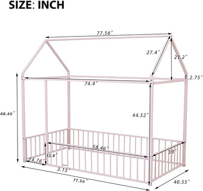 RITSU Twin Size Montessori Floor Bed, Metal House Bedframe with Fence, Robust Construction is Used, for Children'S Rooms, Boys Girls, No Box Spring Needed, Easy Assembly, Pink - LeafyLoom