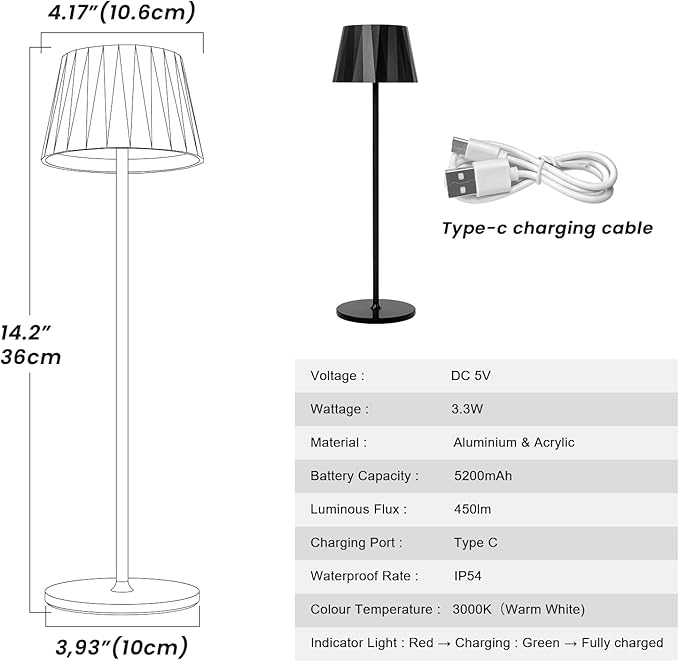 Modern LED Rechargeable Table Lamp,5200mAh Desk Lamp with Stepless Dimming, Touch Switch Cordless Waterproof Night Light for Bedroom Camping Restaurant Bar (Black, 3000K, Warm White) - LeafyLoom