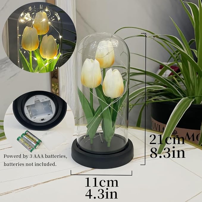 LED Tulip Lamp Artificial Flower Night Light Handmade Light up Tulips in Glass Dome Table Lamp Ornaments Desktop Decor - Battery Operated (Champagne) - LeafyLoom