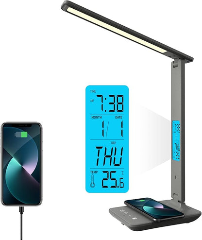 poukaran Desk Lamp, LED Desk Lamp with Wireless Charger, USB Charging Port, Table Lamp with Clock, Alarm, Date, Temperature, Office Lamp, Desk Lamps for Home Office, Grey - LeafyLoom