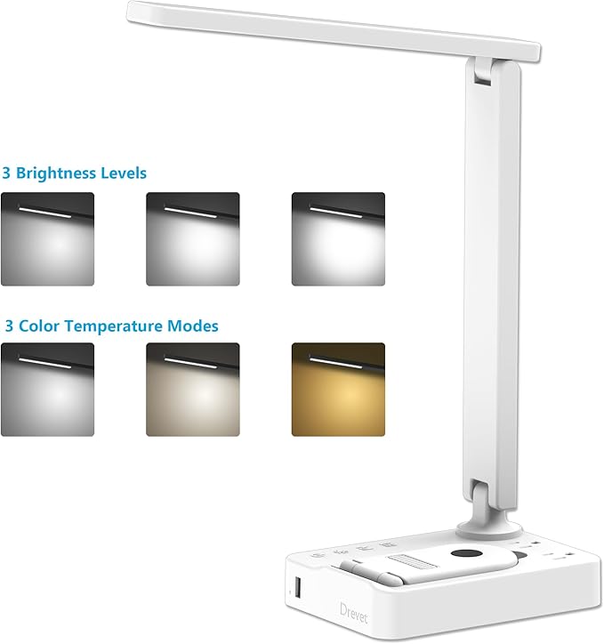 Drevet LED Desk Lamp with Wireless Charger, Desk Table Light with USB Charging Port and 2 Outlets, 3 Lighting Modes, 3 Level Brightness, 1H Timer, Touch Control, Eye-Caring Home Office Lamp, White - LeafyLoom