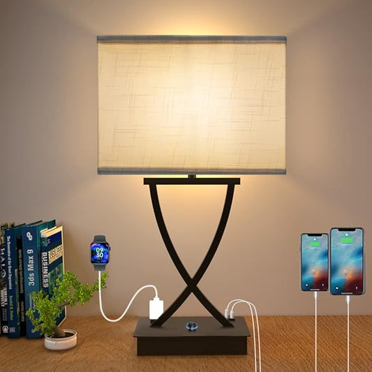 Fully Dimmable Medium Table Lamp for Bedroom with Type C/USB Charging Port and 1 AC Outlet White Shade 21.38" Bedside Nightstand Lamp for Bedroom Living Room Office and Hotel Bulb Included - LeafyLoom