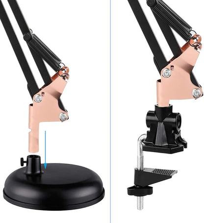 Metal Swing Arm Desk Lamps, Adjustable and Flexible, Feading with Base and Clip 2-in-1 Function, Fit E26&E27 Bulbs Base, Application in Bedroom Living Room, Office Home (Black+Rose Gold) - LeafyLoom