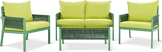 4-Piece Patio Conversation Furniture Set, Rope Weave Outdoor Loveseat Sofa with 2 Armchairs, Thick Cushion&Tempered Glass Table, for Garden Backyard, Onesize, Fluorescent Yellow+Green - LeafyLoom