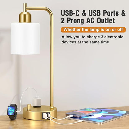 Innqoo Industrial Table Lamps for Bedroom Set of 2 - Fully Dimmable Bedside Lamps with USB Ports and Outlet, Gold Nightstand Lamps with Opal Glass Shade for Living Room, Desk Lamps for Office Reading - LeafyLoom