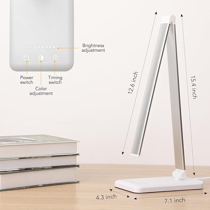 Led Desk Lamp, Desk Lamp with USB Charging Port, 5 Color Modes, 10 Brightness, Natural Light, Eye Caring Reading Lamp, Desk Light for Home Office, Table Lamp, Touch Control, Auto-Timer, White - LeafyLoom