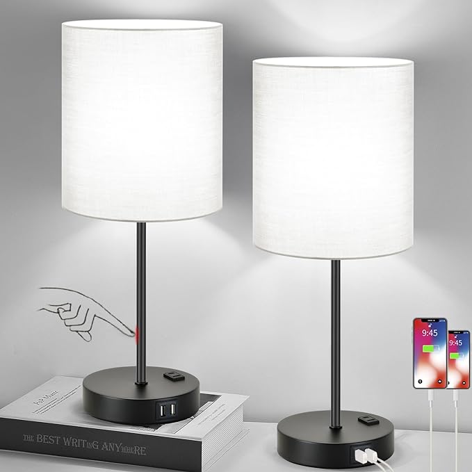 Lynnoland 𝟮𝟬𝟮𝟯 𝗡𝗘𝗪 Set of 2 Touch Control Table Lamps with 2 USB & AC Outlet, 3-Way Dimmable Bedside Nightstand Lamps for Bedroom Living Room Nursery, 800 Lumens 5000K Daylight Bulbs Included - LeafyLoom