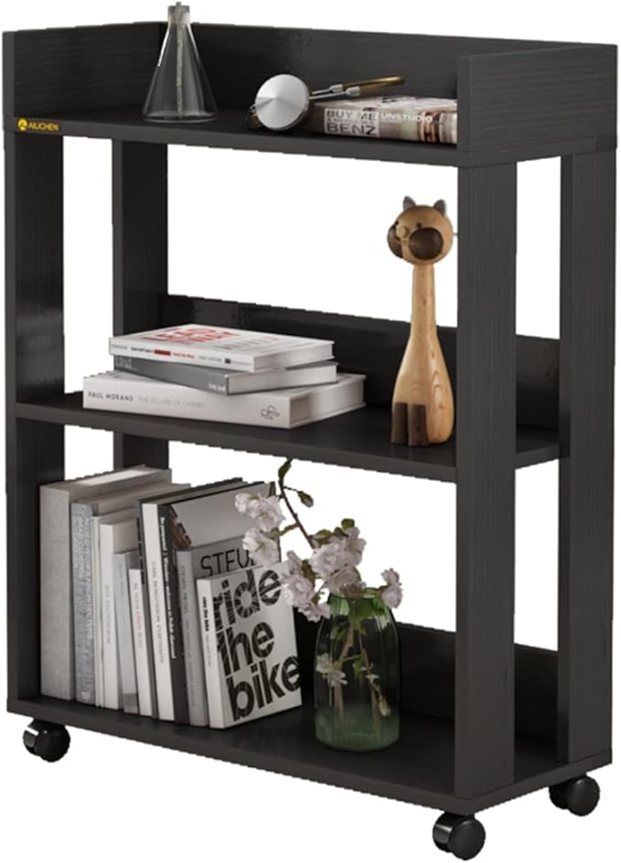 Small Bookshelf and Bookcase, 3 Tier Wood Nightstand with Wheels, Modern Bedside End Table with Storage Rack for Bedroom, Library, Living Room, Home, Office Cart, Black - LeafyLoom