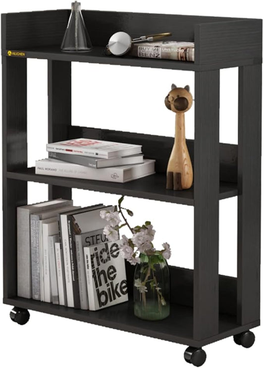 Small Bookshelf and Bookcase, 3 Tier Wood Nightstand with Wheels, Modern Bedside End Table with Storage Rack for Bedroom, Library, Living Room, Home, Office Cart, Black - LeafyLoom