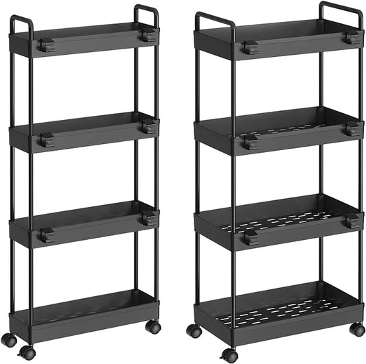 2 Pack 4 Tier Slim Storage Cart, Bathroom Organizer Laundry Room Organization Mobile Shelving Unit Slide Out Utility Rolling Rack with Wheels for Kitchen Garage Office Small Apartment Narrow Space - LeafyLoom