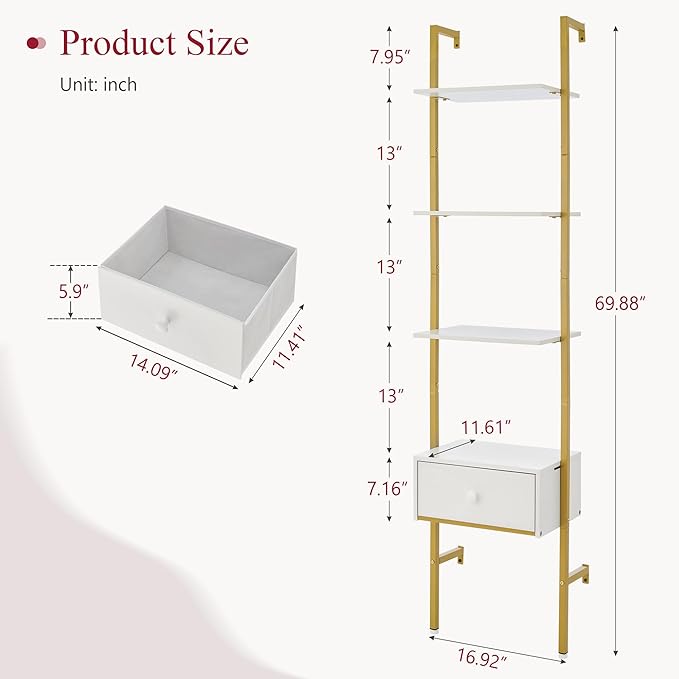 Tajsoon Ladder Shelf, Tall Bookcase with Storage Drawers, 4-Tier Wood Wall Mounted Bookshelf, Open Display Rack, Storage Shelves for Bedroom, Home Office, Collection, Plant Flower, Gold & White - LeafyLoom