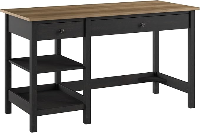 Bush Furniture Mayfield 54W Computer Desk with Shelves in Vintage Black and Reclaimed Pine| Table and Storage for Home Office Workspace - LeafyLoom