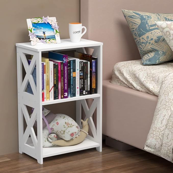 End Table & Side Table 3-Tier, 2 Shelf Small Bookcase, Bookshelf, Simple Nightstand, Bedside Table with for Bedroom, Bathroom, and Living Room Display Rack, White - LeafyLoom