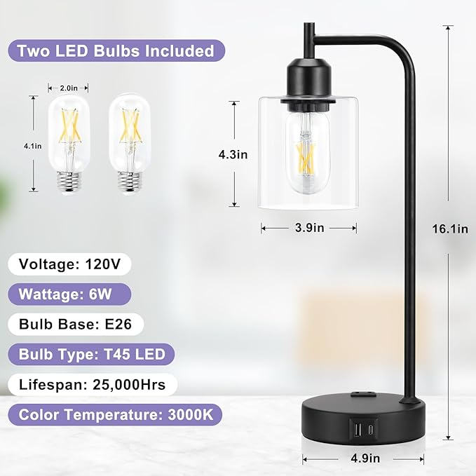 Industrial Touch Table Lamps for Bedrooms Set of 2 - 3-Way Dimmable Nightstand Lamps with USB C+A Ports and Outlet, Black Bedside Lamps with Glass Shade for Living Room, Desk Lamps for Home Office - LeafyLoom