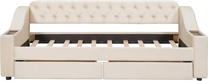 Twin Size Daybed with Storage Armrests & 2 Drawers,Upholstered Sofa Bed W/USB Ports & Button Tufted Backrest,No Box Spring Needed,Multi-Function Bedframe for Living Room Bedroom,Beige Velvet - LeafyLoom