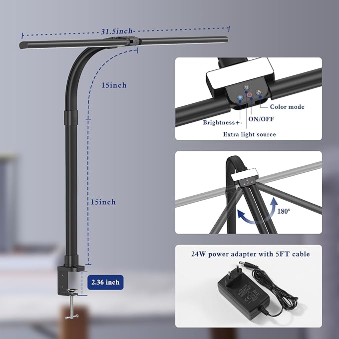 Desk Lamp for Home Office, 24W LED Desk Lamp with Clamp - 25 Lighting Modes Dimming Workbench Light with Flexible Gooseneck, Eye Protection Modern Desk Lamp for Reading Study Monitor Drafting - LeafyLoom