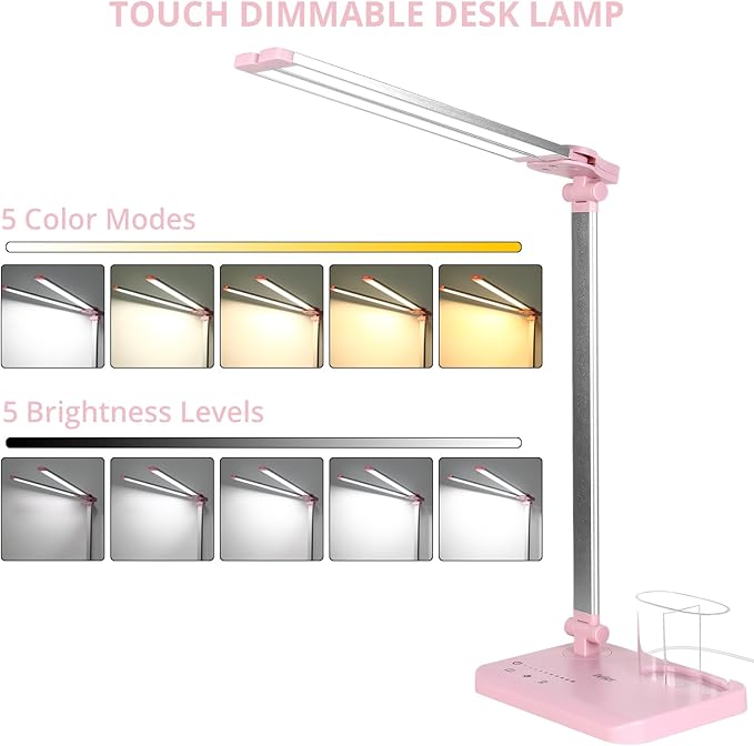 iVict LED Desk Lamp, Adjustable Table Foldable Lamp with USB Charging Port, 25 Lighting Modes, 45-Minute Auto Timer, Dual Swing Arm Desk Light with Pen Holde for Home Office/Study(Pink) - LeafyLoom