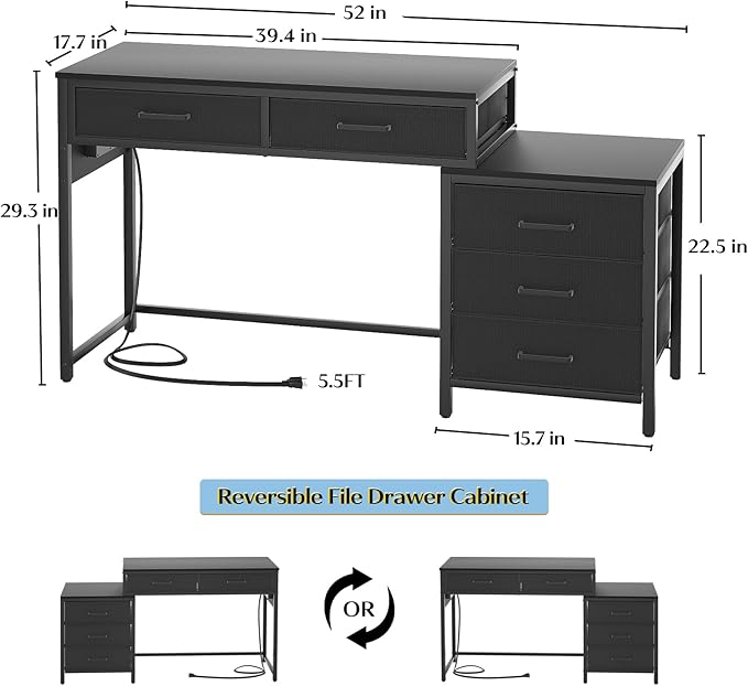 Computer Desk with 5 Drawers, Reversible Office Desk with Power Outlets and USB Charging Ports, Sturdy Writing Table with File Cabinet and Printer Stand, Laptop Desk for Small Spaces, Black - LeafyLoom