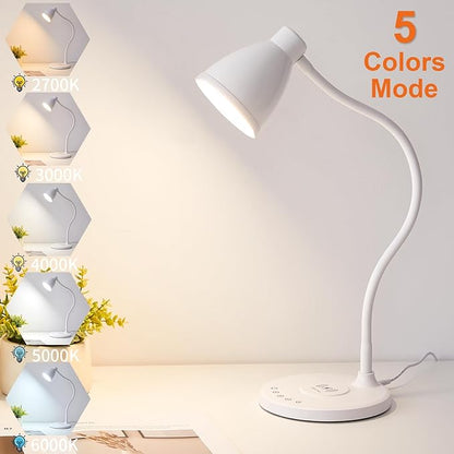 BOHON Desk Lamp for Home Office, LED Desk Light with USB C+A Charging Ports, Wireless Charger, 5 Colors Stepless Dimming Reading Light Timer, Touch Bedside Table Lamp for College Dorm Room White - LeafyLoom