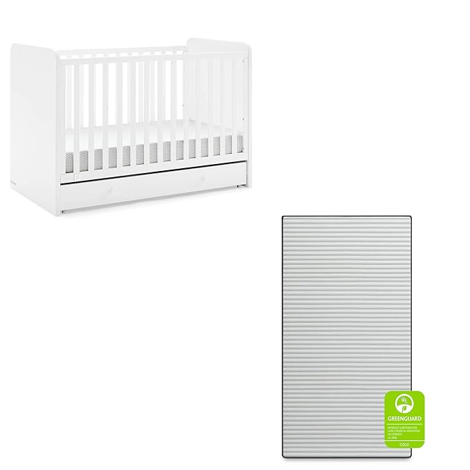 babyGap by Delta Children Graham 4-in-1 Convertible Crib with Storage Drawer TrueSleep Crib and Toddler Mattress (Bundle), Bianca White - LeafyLoom