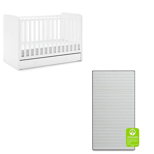 babyGap by Delta Children Graham 4-in-1 Convertible Crib with Storage Drawer TrueSleep Crib and Toddler Mattress (Bundle), Bianca White - LeafyLoom