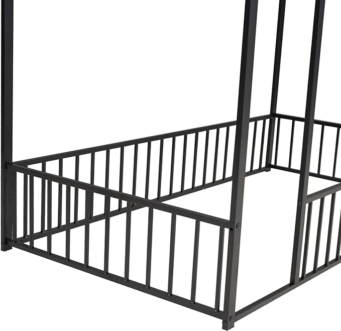 RITSU Twin Size Montessori Floor Bed, Metal House Bedframe with Fence, Robust Construction is Used, for Children'S Rooms, Boys Girls, No Box Spring Needed, Easy Assembly, Black - LeafyLoom