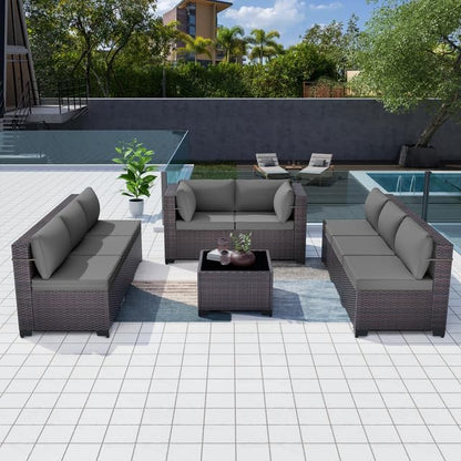 Patio Furniture Set 9-Piece Outdoor Furniture for Backyard Wicker Sectional Sofa Set, Rattan Patio Conversation Set with Thickened Cushions and Glass Coffee Table, Grey - LeafyLoom