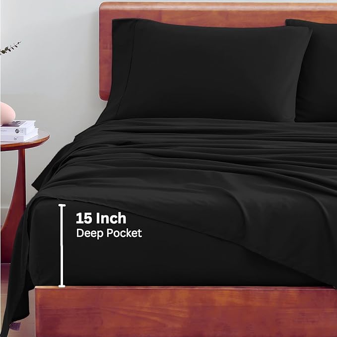 LANE LINEN 100% Organic Cotton Twin XL Sheets Set, 3-Piece Pure Organic Cotton Percale Sheets, Cotton Bedsheets, Ultra Soft Bedding Sheets, Breathable, Fits Mattress Upto 15" Deep - Black - LeafyLoom