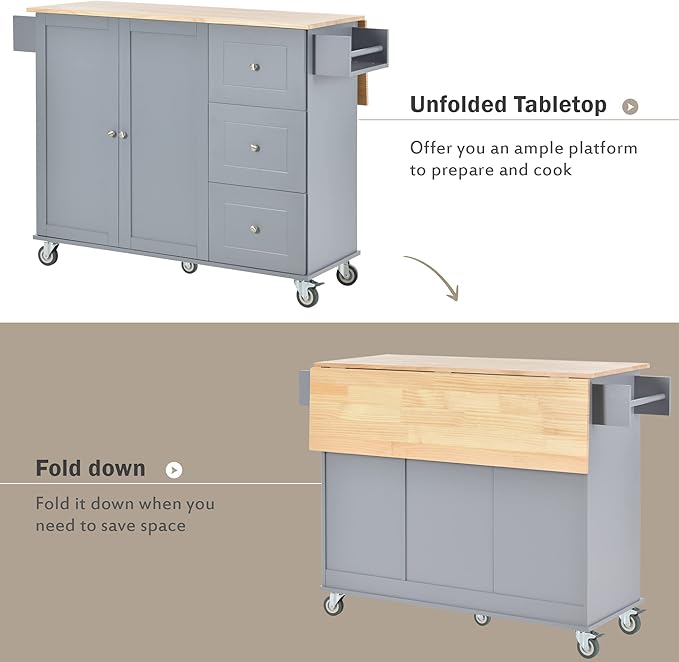 52.7 Cart with Wood Top and Drop Leaf Breakfast Bar, Rolling Mobile Island Towel Rack,Large Storage Cabinet Kitchen Table for Dinning Room, Grey, 52.76 Inch - LeafyLoom