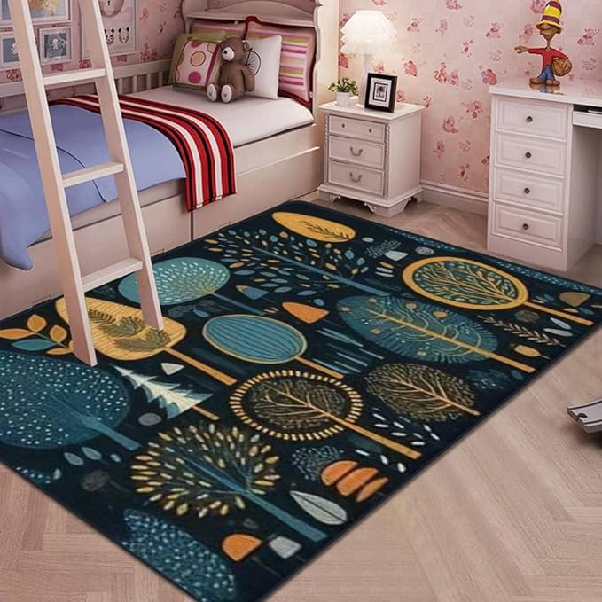 Soft Kids Play Area Rugs 3D Home Set Cartoon Doodle Trees Beautiful Hand Drawn Childish Primitive Style Plush Rugs Non Slip Shaggy Carpets for Kids' Bedroom Classroom Playroom Nursery Décor - LeafyLoom