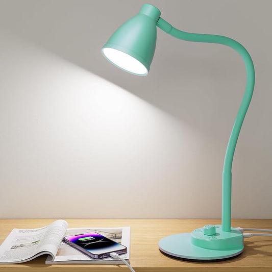 BOHON LED Desk Lamp with USB Charging Port, 3 Color Modes Fully Dimmable Reading Lamp, Auto Dimming Task Lamp, Flexible Gooseneck Table Light for Office Dorm Bedside, Adapter Include, Teal - LeafyLoom