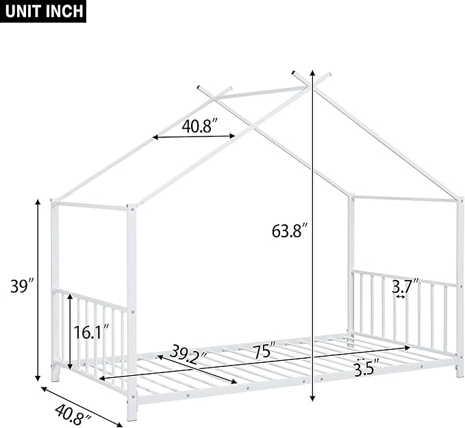 Twin Size Kids Montessori Floor Bed,House Bed Frame with High Headboard,Twin Floor Bed with Roof for Boys Girls,Floor Bed Metal Frame (White) - LeafyLoom