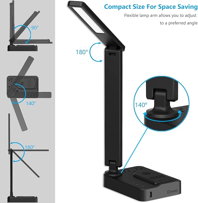 Drevet LED Desk Lamp with Wireless Charger, Desk Table Light with USB Charging Port and 2 Outlets, 3 Lighting Modes, 3 Level Brightness, 1H Timer, Touch Control, Eye-Caring Home Office Foldable Lamp - LeafyLoom