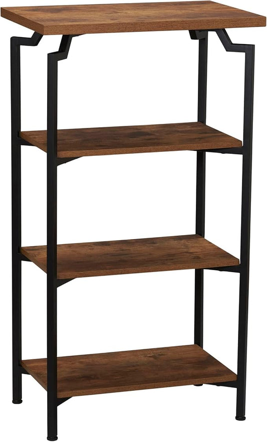 Household Essentials Crown Narrow 4 Shelf Open Storage Bookshelf Rustic Hickory Wood Grain and Black Metal - LeafyLoom