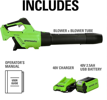 Greenworks 40V (120 MPH / 500 CFM / 75+ Compatible Tools) Cordless Axial Leaf Blower, 2.5Ah Battery and Charger Included - LeafyLoom