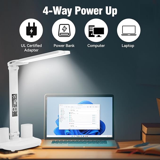 LED Desk Lamp Light with 2 Pen Holders, Time, Date, Temperature Display, Dimmable, 3 Color Modes, Touch Control, Foldable,Eye-Caring Table Lamp for Office Home Reading Study - LeafyLoom