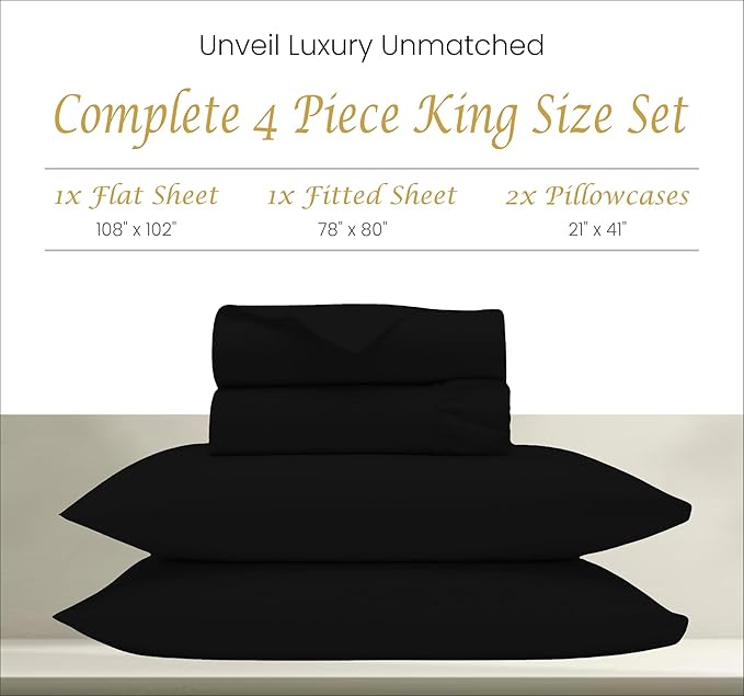 Deep Pocket King Sheet Set Cotton Luxurious Hotel Style 1000 Thread Count Hotel Luxury 100% Egyptian Fits Mattress Up to 18 Inches Solid Pattern King Size 4-Piece Bed Sheet Set (Black) - LeafyLoom