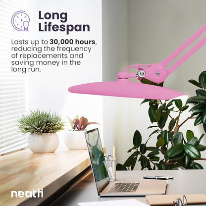 Neatfi XL 2,200 Lumens LED Task Lamp, 24W Super Bright Desk Lamp, 117 Pcs SMD LED, 4 Level Brightness, Dimmable, Task LED Light for Home, Office, Workbench (Non-CCT, Pink) - LeafyLoom