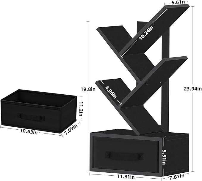 Small Book Shelf with Drawer,4 Tier Black Tree Bookshelf,Wooden Desktop Bookcase,Modern Desk Display Storage Bookshelves,Floor Standing Organizer Bookcases for Living Room,Bedroom,Office - LeafyLoom