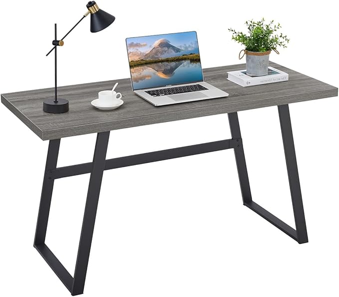 BON AUGURE 55 inch Modern Writing Desk, Rustic Computer Desk for Home Office, Sturdy Simple Wood and Metal Desk, Industrial Work Study Table (Dark Grey Oak) - LeafyLoom