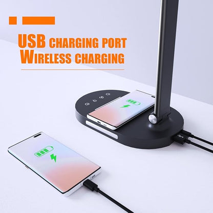 Clearance 12W Bright Desk Lamp for Home Office, Wireless Charger, USB Charging Port, 2 Night Light, 1H Timer AUTO-OFF, 5 Modes Dimmable 80 LED Desk Light, Adjustable 2 Office Lamp for Work, Computer - LeafyLoom