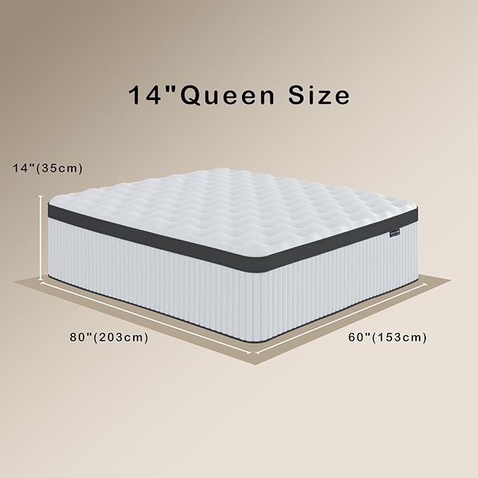 Queen Mattress, 14 Inch Innerspring Hybrid Mattress in a Box with Gel Memory Foam, Individually Wrapped Encased Coil Pocket Spring Mattress, Pressure Relief, Medium Firm Support, 60"*80"*14" - LeafyLoom